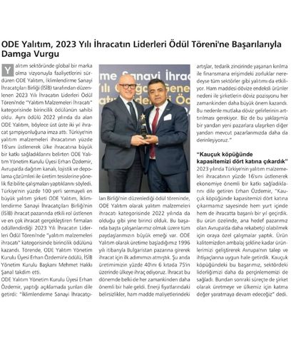 ODE YALITIM, 2023 YILI İHRACATIN LİDERLERİ ÖDÜL TÖRENİ'NE BAŞARILARIYLA DAMGA VURGU