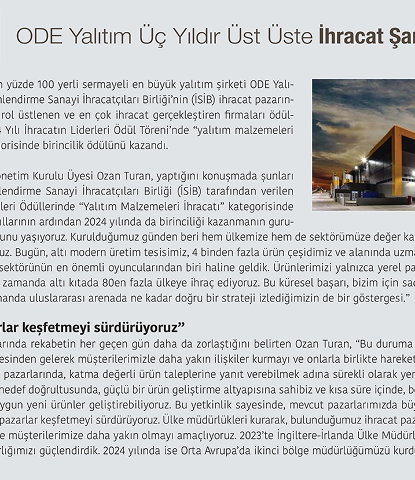 ODE YALITIM ÜÇ YILDIR ÜST ÜSTE İHRACAT ŞAMPİYONU