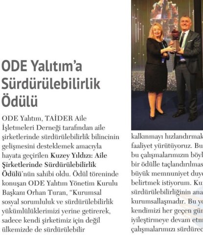 ODE Yalıtım'a Sürdürülebilirlik Ödülü 