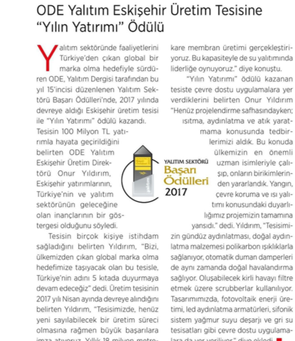  ODE YALITIM ESKİŞEHİR ÜRETİM TESİSİNE ‘’YILIN YATIRIMI’’ ÖDÜLÜ 
